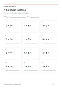 1. Sınıf Matematik: 10’a kadar toplama – cevap anahtarlı Çalışma Kâğıdı