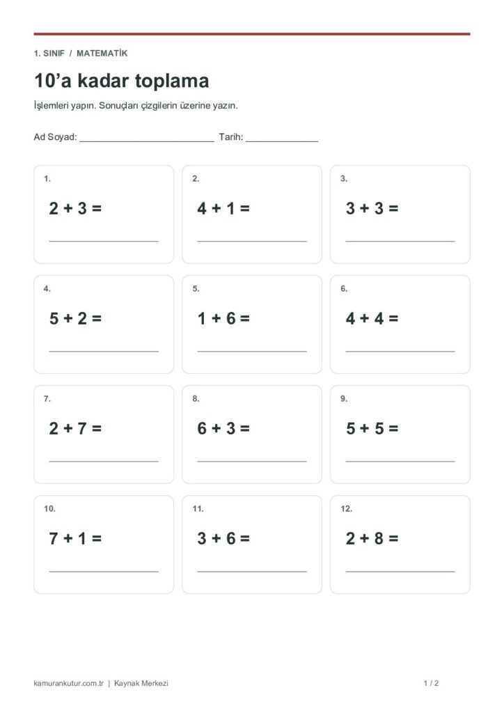 1. Sınıf Matematik: 10’a kadar toplama – cevap anahtarlı Çalışma Kâğıdı
