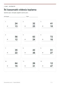 2. Sınıf Matematik: İki basamaklı eldesiz toplama – cevap anahtarlı Çalışma Kâğıdı