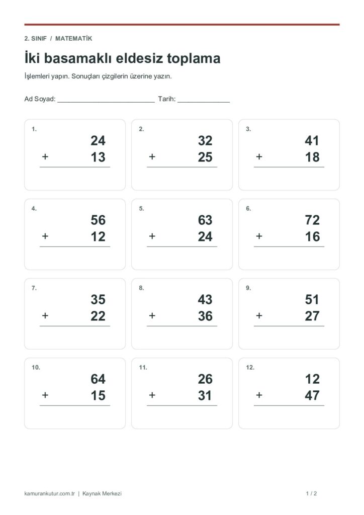 2. Sınıf Matematik: İki basamaklı eldesiz toplama – cevap anahtarlı Çalışma Kâğıdı